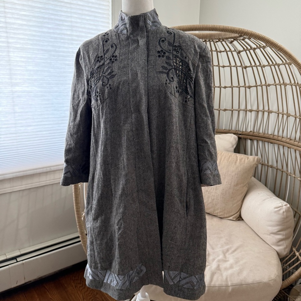 Joolay Embroidered Longline Tunic‎ Jacket Silk Blend Gray Boho Size L